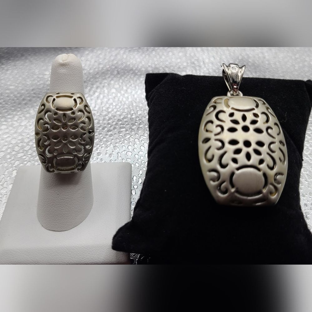 Brushed Silver Tone Pendant and Ring J1-3
